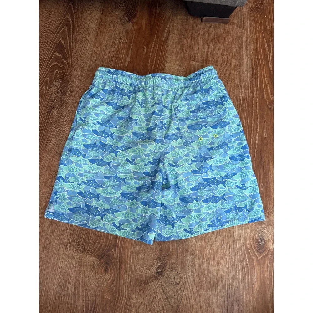 Vineyard Vines Boys Blue Green Fish Print Swim Trunks Size L 14:16 Mesh Lined